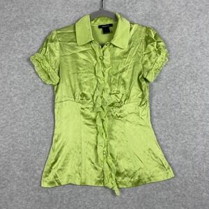Arden B Silk Button Up Ruffle Blouse Womens Size XS Y2K Lime Green Fairy